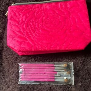 Lancôme, New Pink Quilted Makeup Bag with Brushes